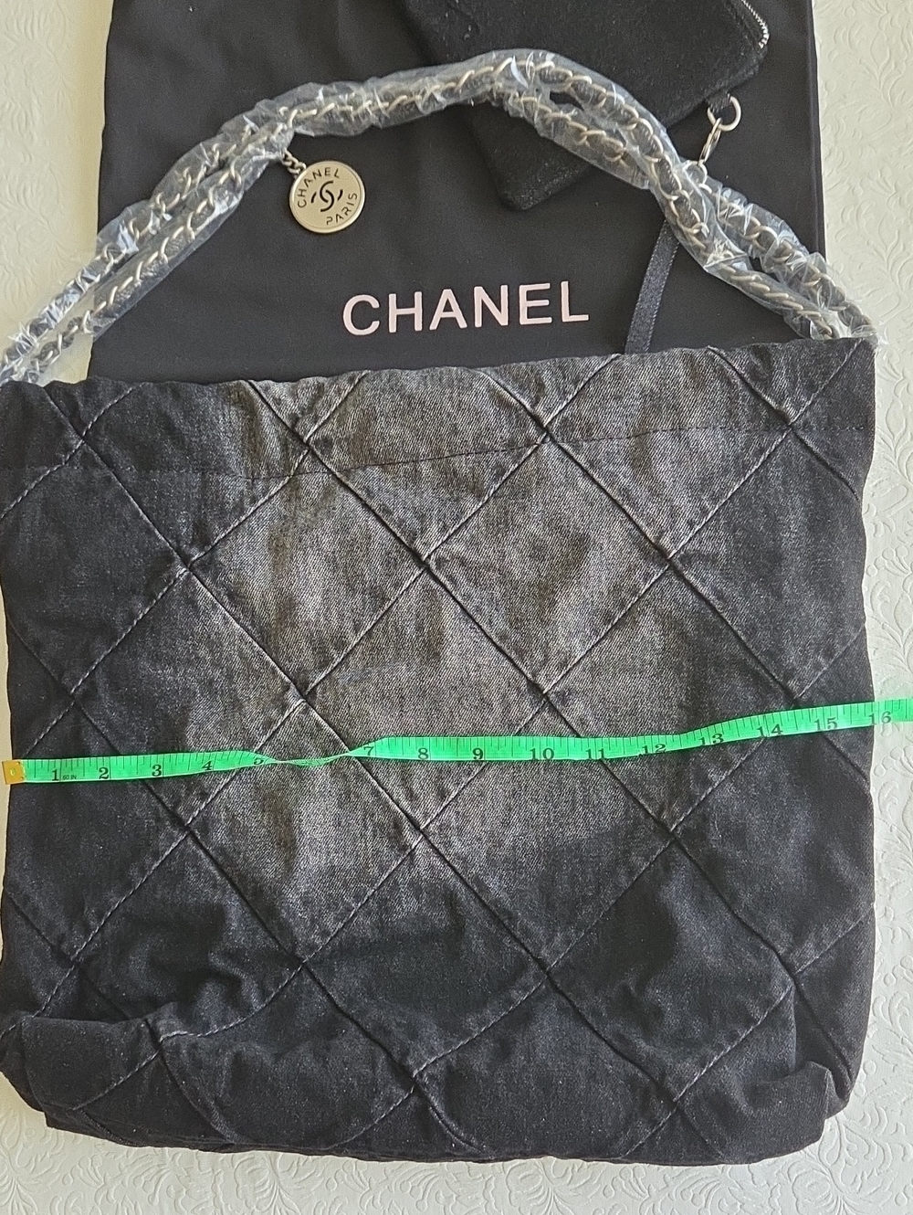 NWOT Black Distressed Jean Material Quilted Shoulder Bag - Picture 8 of 9